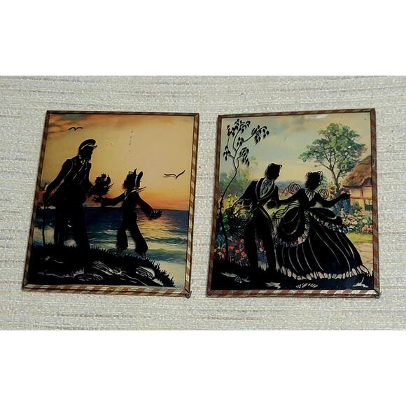 1940's Pr Reverse Painted Silhouettes Convex Glass Couple Courting Sailor Scene - Picture 1 of 7